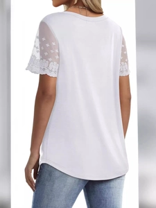 Women's white V-neck T-shirt with elegant lace short sleeves and curved hem back view