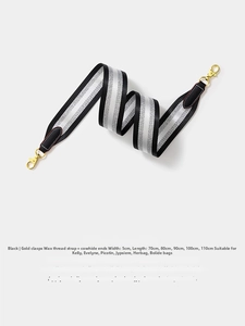 Detail of 5cm wide striped woven strap with leather ends and golden metal clips