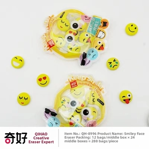 Macro detail of yellow emoji eraser set with various creative smiling cartoon faces