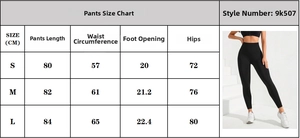 Size guide table for high waist yoga pants showing measurements for S, M, and L sizes