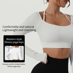 Weißes Langarm-Yogashirt mit Neckholder-Design und kurzem Schnitt für Damen