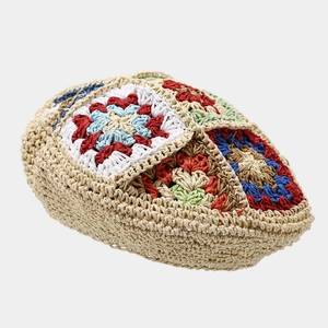 Handmade granny square crochet beret hat with bohemian flower pattern for women