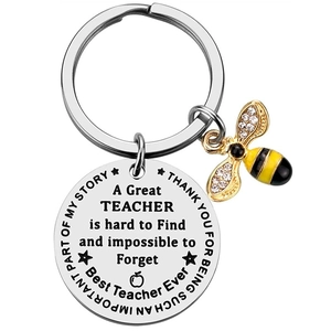 Stainless steel teacher keychain with gold bee charm and inspirational thank you engraving