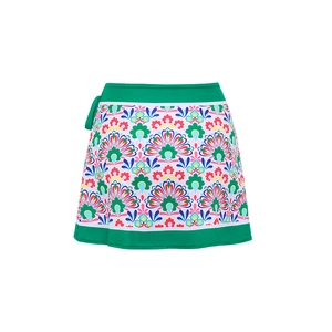Detail of floral mandala print swim skirt with green waistband and side tie detail