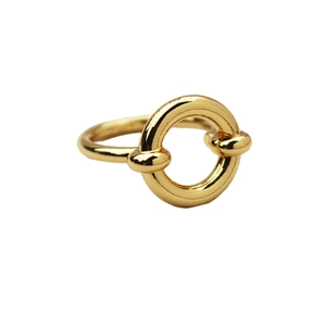 Minimalist geometric gold plated brass ring with unique cylinder and circular design