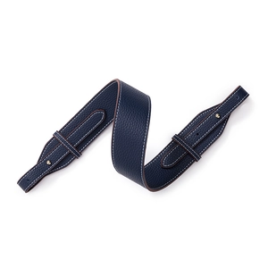 Navy blue lychee leather shoulder strap with white contrast stitching and gold hardware