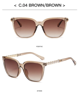 Detail showing elegant pearl chain decoration on square brown sunglasses temples