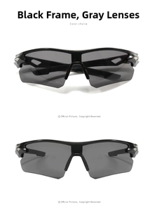 Dual view of cycling sunglasses with black frame and grey lenses for outdoor sports