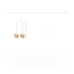 Detailed spec sheet showing metallic round drop earrings with dimensions and material