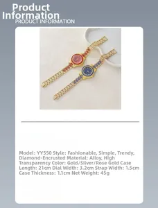 Detailed specifications of crystal gold watches with blue and red dials and dimensions