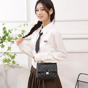 Chic black quilted crossbody bag with metal lock and chain strap for stylish women