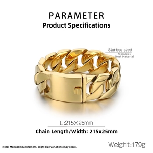Technical drawing of 25mm gold Cuban link bracelet with 215mm length and 179g weight specs