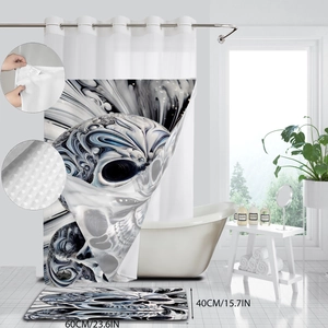 Halloween abstract skull shower curtain and non-slip bath mat set with metal rings