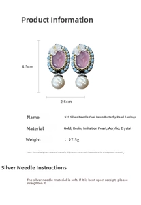 Detail view of vintage resin butterfly earrings with pearls and size measurements
