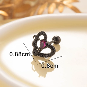 Cool black heart-shaped snake skin texture ear stud with red gemstone and 0.8cm size