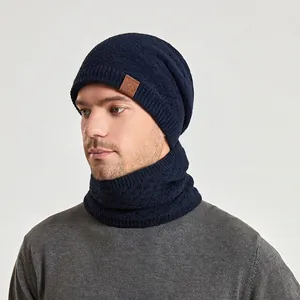 Deep blue winter knit beanie and neck warmer set with fleece lining for outdoor warmth