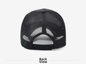 Detail view of the breathable mesh back and adjustable velcro strap on the black sun cap