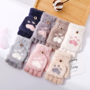 Cat Paw Gloves Faux Mink Fur Half Finger Flip Top Cover Winter Warm Thickened Cute Cartoon Kawaii For Women Girls