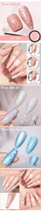 Detailed view of thread shell gel polish texture and pearlescent effects on manicured nails