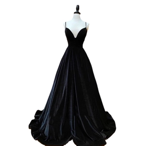 Elegant black velvet floor-length evening gown with deep V-neck and spaghetti straps