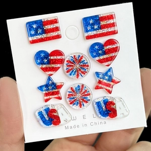 Five pairs of USA flag heart and star stud earrings with glitter finish for Independence Day