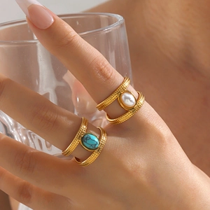 Stainless Steel Double Layer Open Ring Gold Plated Vintage Faux Artificial Pearl Turquoise Geometric Adjustable Jewelry For Women