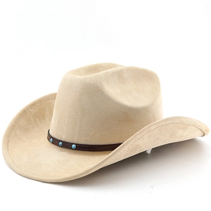 Detail of sand suede cowboy hat with turquoise studs and embossed brown leather band