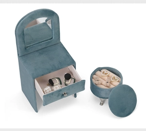 Dutch velvet jewelry boxes with vanity mirror and earring drawers in teal finish