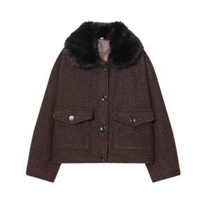 Veste Courte Vintage Française Pour Femmes En Bouclée Avec Col En Fausse Fourrure Noire Boutonnage Simple Élégante Veste D'hiver