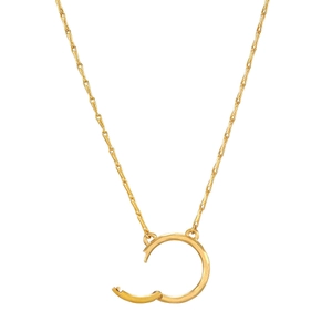 Close-up of 18K gold letter C pendant necklace with refined chain on white background