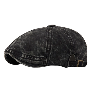 Vintage washed black corduroy beret newsboy hat with adjustable bronze metal buckle
