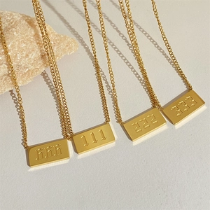 Gold angel number square pendant necklaces featuring 111 to 999 engraved on 18k plated metal