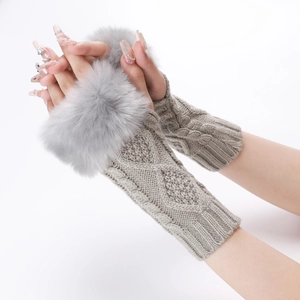 Detail of grey knitted fingerless gloves with soft faux fur trim and diamond texture