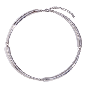 Minimalist silver bamboo link choker necklace in stainless steel with adjustable lobster clasp