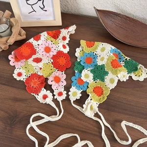 French vintage crochet floral triangle headscarf with handmade knitted lace tie-back