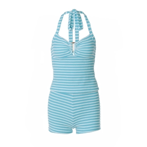 Detailed close-up of blue and white striped knit tankini with metallic ring hardware