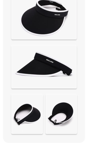 Detailed four-angle views of breathable black sun hat with wide brim and white trim