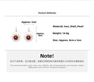 Detail view of flower drop earrings with size 8x5cm and weight 14.8g measurements