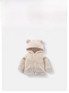 Detail of baby plush hooded jacket with bear ears and smooth resin zipper in cream white