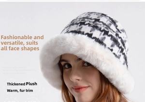 Detail of the winter houndstooth bucket hat with thick plush white faux fur lining and trim