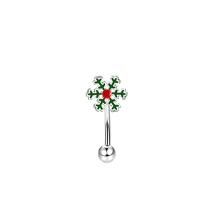 Silver stainless steel eyebrow ring with green snowflake design and red crystal center