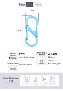 Detailed size chart showing dimensions 13x32mm for the colorful S-shape spring buckle