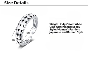 Detail view of 6mm checkerboard enamel ring showing precise size and 2.4g weight specs