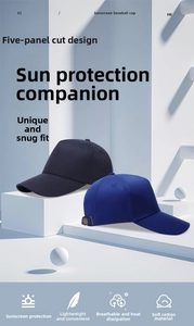 Detail of navy and royal blue five-panel cotton baseball caps with breathable fabric