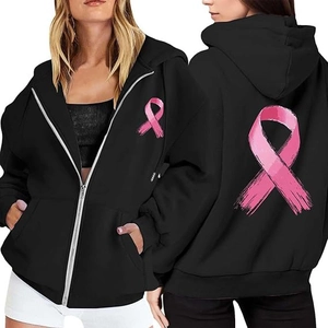 Breast Cancer Awareness Zip Up Hoodie Polyester Long Sleeve Pink Ribbon Print Casual Sporty Outerwear For Men