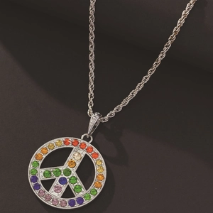Rainbow iced out peace sign pendant necklace with twisted rope chain in silver finish