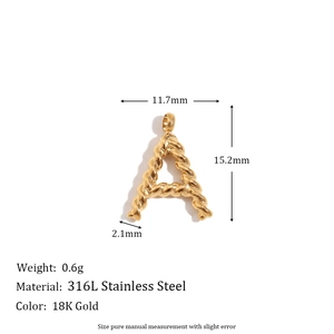 18K gold plated stainless steel letter A pendant with twisted texture and round bail