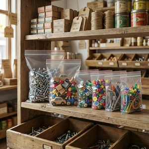 Detailed view of clear PE zip lock bags with red seals holding various small items on a shelf