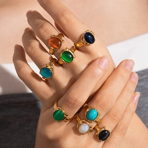 French Vintage Adjustable Stainless Steel Ring With Oval Cat's Eye Stone Elegant Gold Plated Finger Ring Women Jewelry