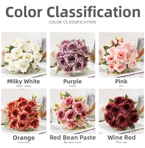 Detail view of artificial rose bouquets in six vibrant colors for home decor